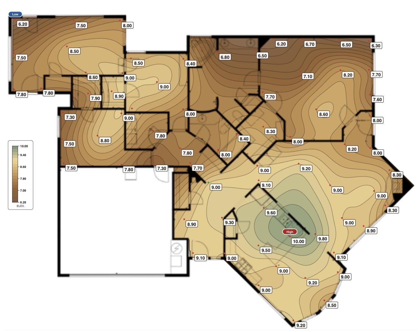Theoretical floor elevation survey map labeled heave, with a high of 10.0 in the kitchen