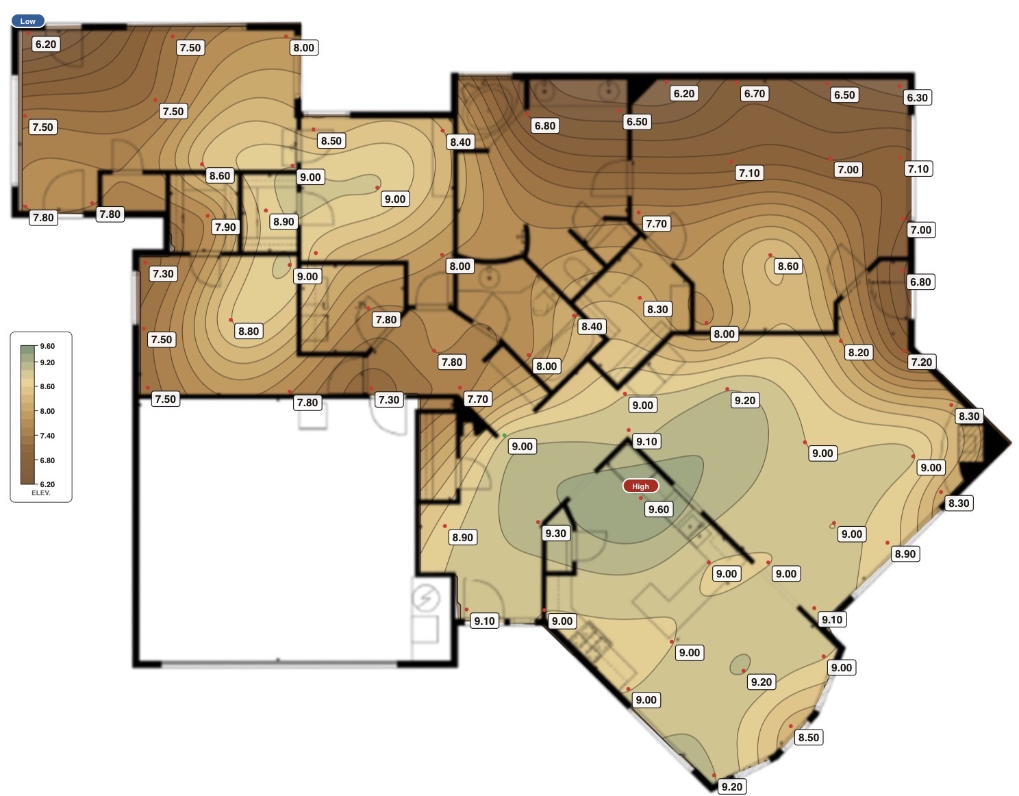 Theoretical floor elevation survey map labeled settlement, with a low point toward the upper-left perimeter